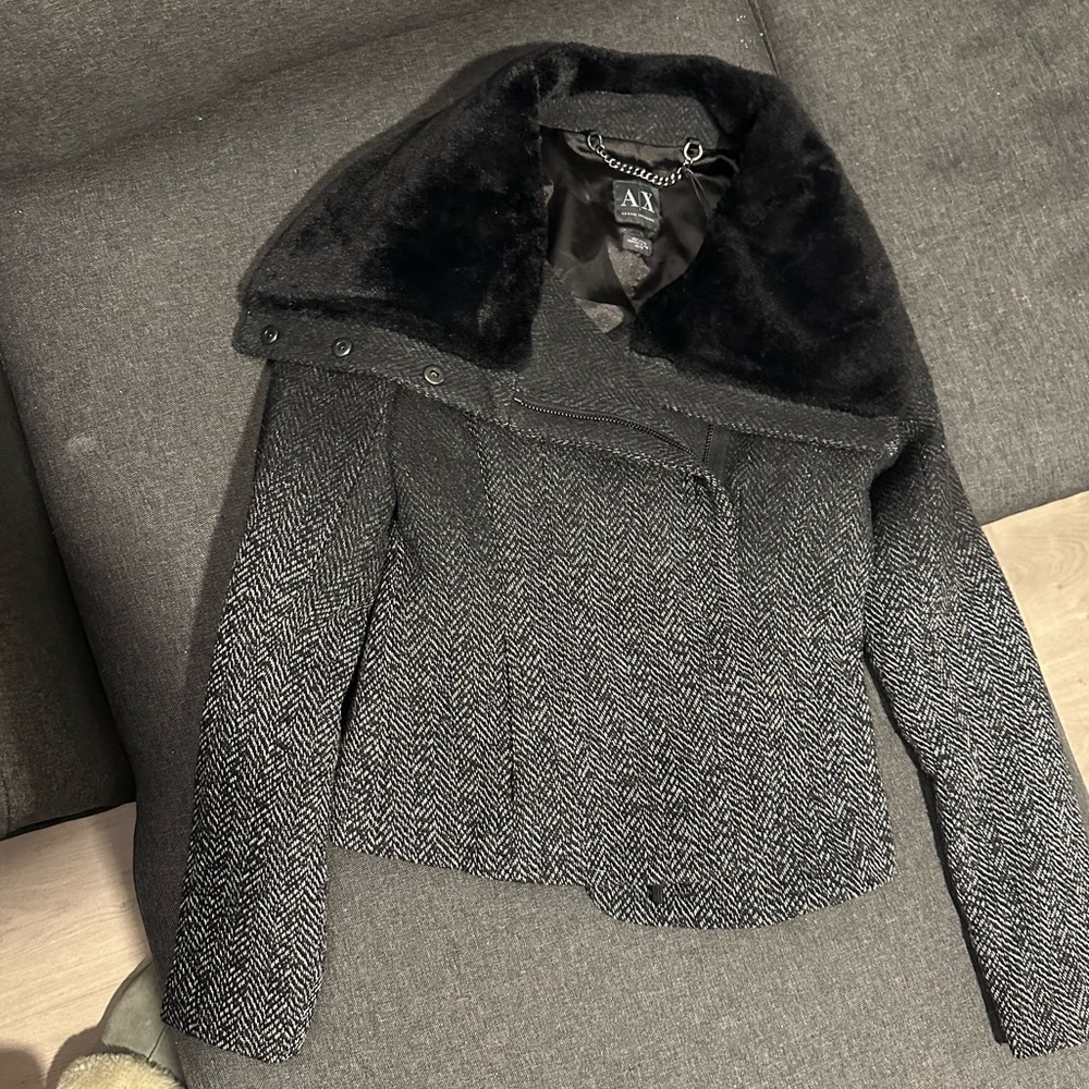 Armani Exchange Gray Herringbone jacket with Black Faux Fur Collar